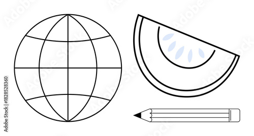 Globe, watermelon slice, and pencil in minimal line art symbolizing learning, creativity, global impact, sustainability, education, innovation and healthy living. Ideal for simple flat metaphor