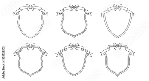 A collection of six elegant outline shield-shaped frames, each adorned with a decorative ribbon and bow, perfect for emblems and labels.