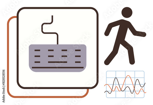 Keyboard with a cable, walking figure silhouette, line graph with data trends in a simple flat design. Ideal for technology, communication, movement tracking, activity monitoring, data analysis