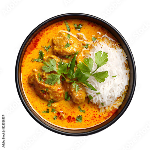 Spicy Thai red chicken curry soup in white bowl isolated. Top view of traditional Asian food with chili pepper and anise. Coconut milk stew.