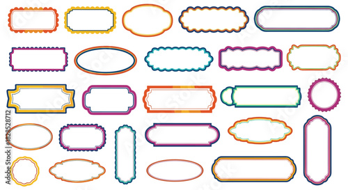 A vibrant collection of blank decorative frames and labels in various shapes and colors, perfect for design elements, crafts, or text placeholders.