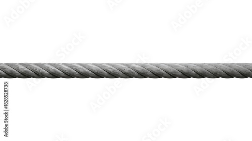 Thick, twisted metal cable viewed horizontally on a white background wire rope