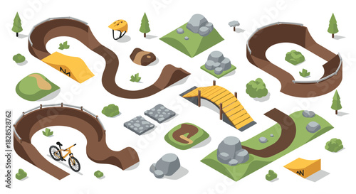 Isometric bike park elements with tracks, ramps, and scenery