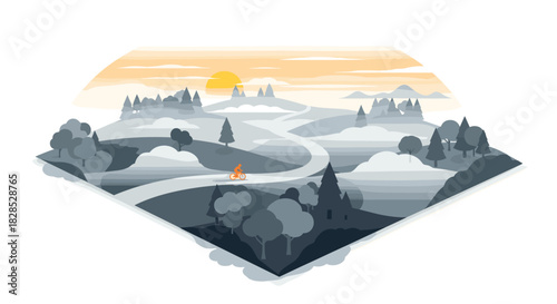 Isometric morning landscape with misty hills and sunrise in minimalist design