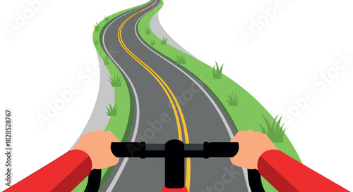 Cycling adventure on curvy road from first-person view with greenery in the background