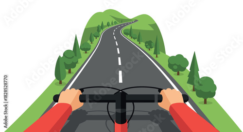 Cycling adventure on scenic road through green hills with lush trees