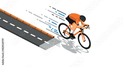 Isometric cyclist on road with dynamic movement and shadow effects