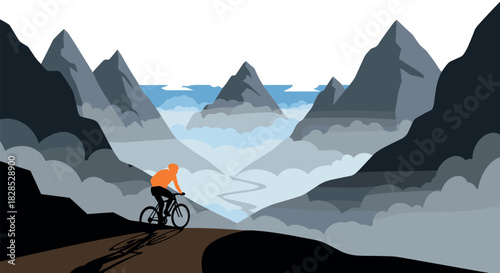 Cyclist exploring majestic mountain landscape at sunrise in silhouette style