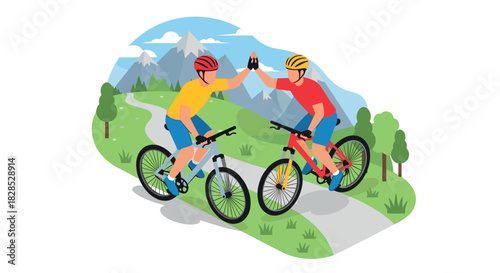 Cyclists celebrating on scenic mountain trail in flat style