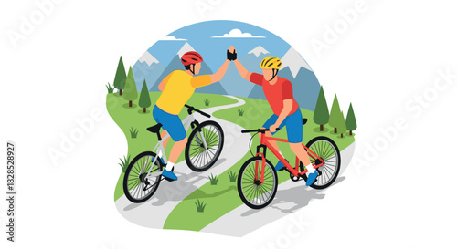 Cyclists high-five on scenic mountain trail in vibrant flat design