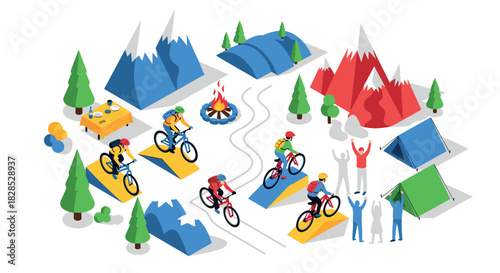 Isometric camping and cycling adventure with cyclists in mountain landscape
