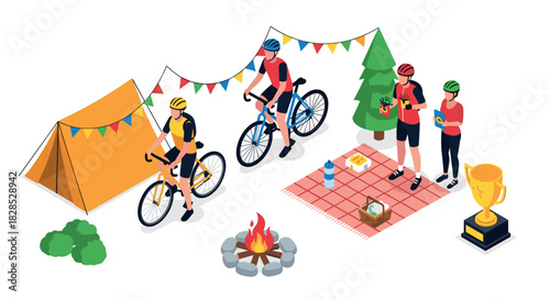 Cycling adventure camp with picnic and trophy in isometric style