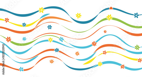 Colorful wavy lines and small flowers create a vibrant, cheerful, and decorative seamless pattern on a white background, perfect for spring or summer designs.