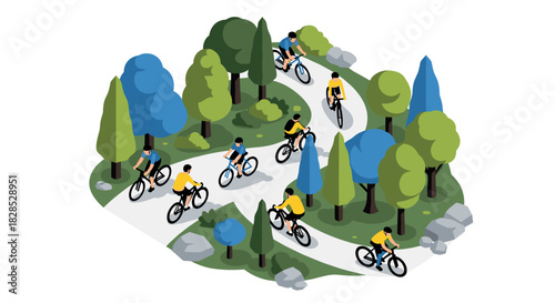 Cyclists enjoying a scenic ride through a lush forest trail in isometric style