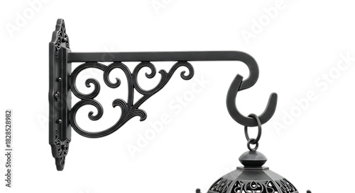 Ornate black metal wall bracket holding a decorative lantern on a white background