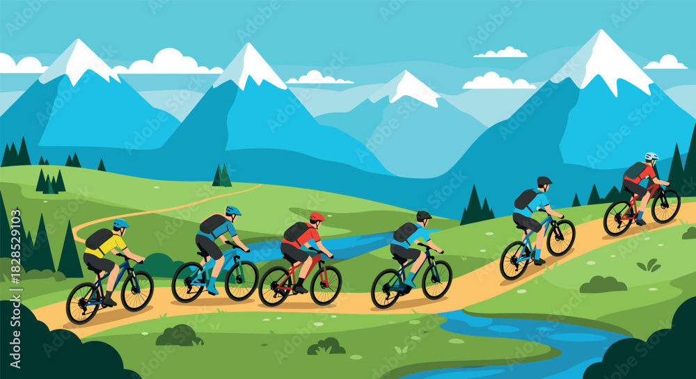 Fototapeta premium Cyclists enjoying a mountain path adventure under clear blue skies