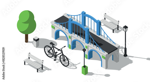 Isometric urban park design with bridge, bicycle, and benches