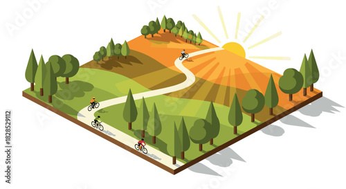 Scenic isometric cycling path at sunset in vibrant autumn landscape