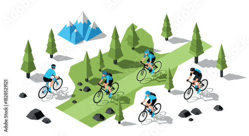 Cyclists riding through mountainous landscape in isometric style with pine trees