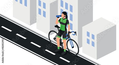 Isometric cyclist resting in city with modern buildings and road