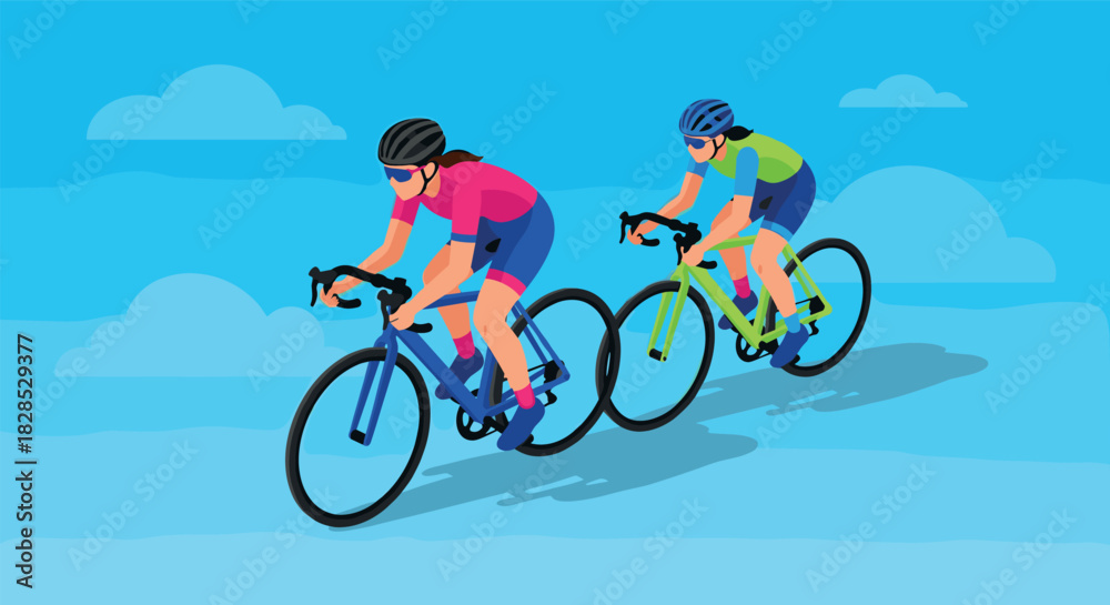 Fototapeta premium Cyclists in vibrant gear riding bicycles against blue sky background