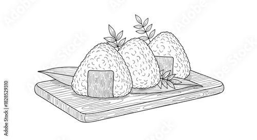 Hand-drawn illustration of three traditional Japanese onigiri rice balls, wrapped in nori seaweed, presented on a rustic wooden board with decorative leaves.