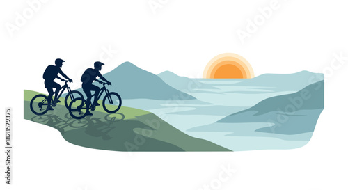 Cyclists enjoying scenic sunrise ride in minimalist mountain landscape