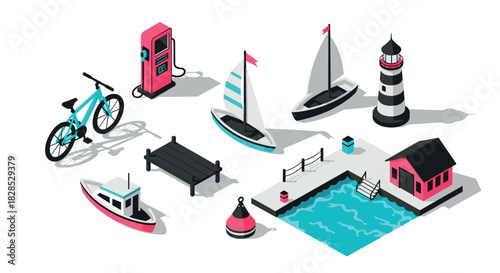 Isometric coastal scene with boats, lighthouse, and bicycle