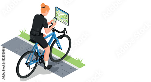 Cyclist using gps app on bicycle during ride in urban setting