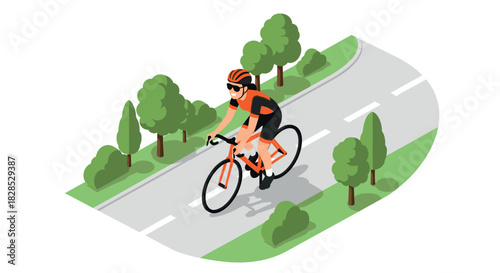 Cyclist riding on scenic road in isometric style with greenery and clear sky
