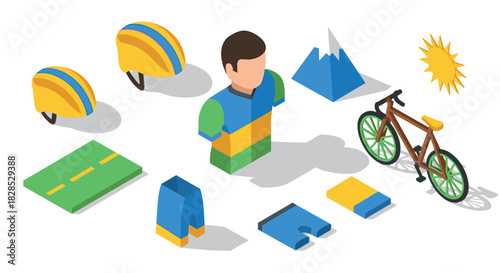 Isometric cycling gear and elements with mountain and sunshine