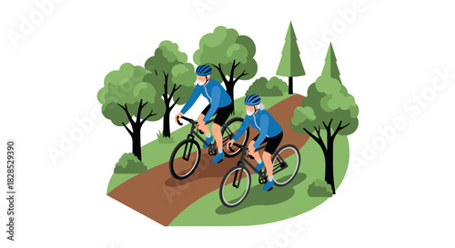 Isometric cyclists riding through a scenic forest trail