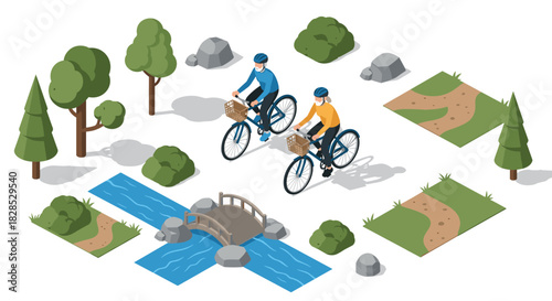 Cyclists enjoy nature ride on scenic paths with lush greenery and gentle stream in isometric style