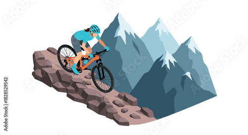 Mountain biker navigating rocky terrain with majestic peaks in background