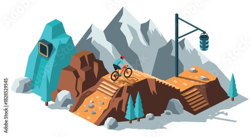 Isometric mountain biking adventure in geometric landscape with cyclist and scenic hills