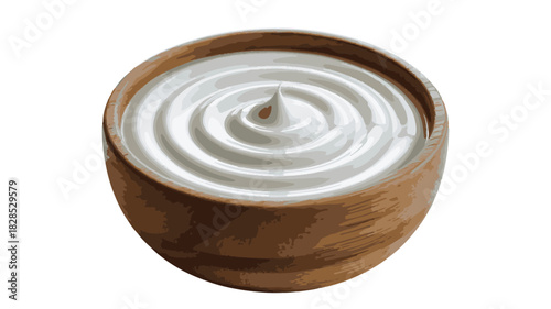 Wooden Bowl Filled with Swirled White Cream or Yogurt with a Drop on Top dairy
