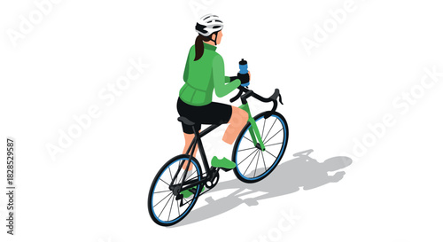 Cyclist riding bicycle in isometric style with helmet and water bottle