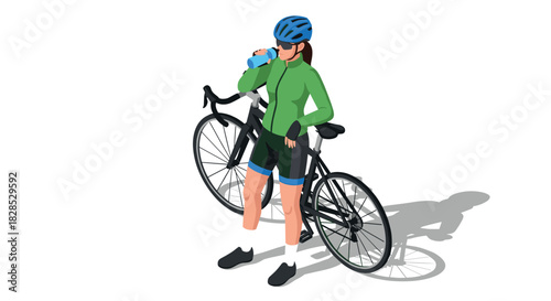 Isometric cyclist hydration break with road bike in green outfit