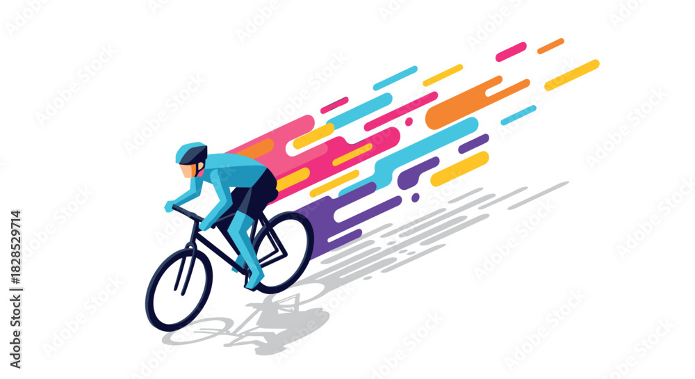 Fototapeta premium Dynamic cyclist with colorful streaks on a minimalist white background
