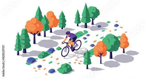 Cyclist exploring autumn forest in isometric style