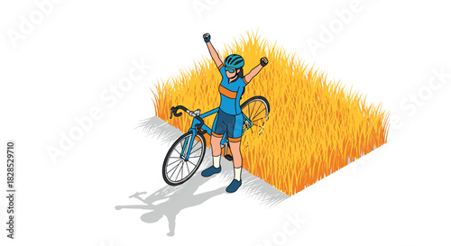 Cyclist celebrating victory in golden field isometric artwork