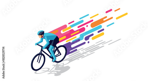 Dynamic cyclist with colorful streaks on a minimalist white background