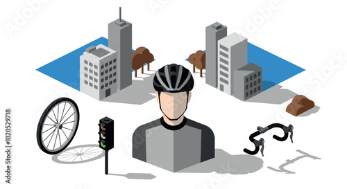 Cyclist and urban landscape in modern isometric design