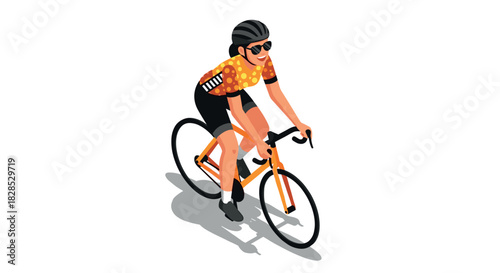 Cyclist riding bicycle in vibrant outfit with helmet and sunglasses isolated on white background