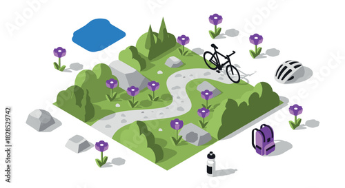 Isometric spring park scene with path, bicycle, and purple flowers