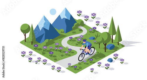 Cyclist on serene mountain trail in isometric style with lush trees and wildflowers