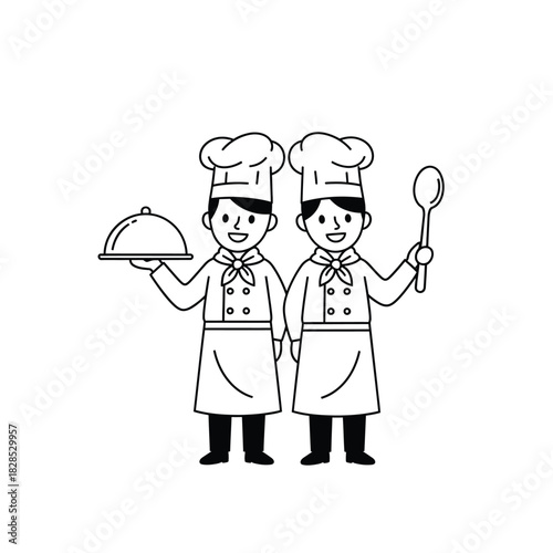 Two Chefs with Serving Dish and Spoon Line Art cook restaurant kitchen food catering uniform hat platter meal dinner lunch professional
