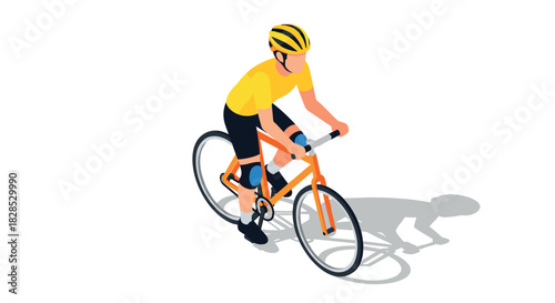 Isometric cyclist in yellow jersey riding orange bicycle with shadow on white background