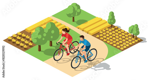 Isometric cycling in nature: two cyclists riding through a rural landscape with fields and trees