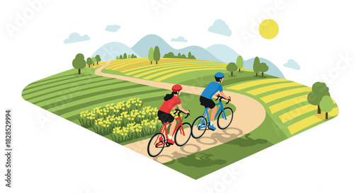Cyclists on sunny countryside pathway with rolling hills and fields